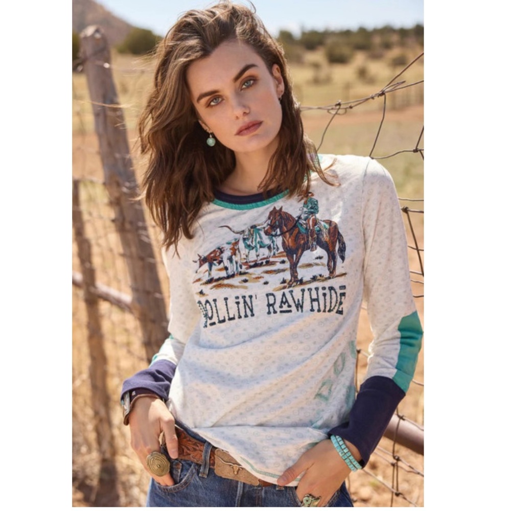 Double D Ranch Rollin' Rawhide Long-Sleeve Top in White with Teal & Navy